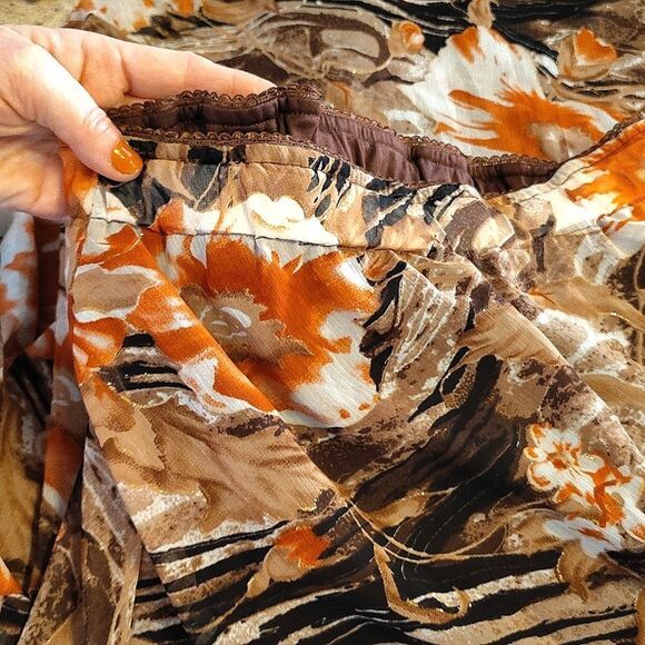 Vintage Brown Orange Metallic Floral Mesh Midi Lined Skirt *Fits Like Large - Picture 10 of 11